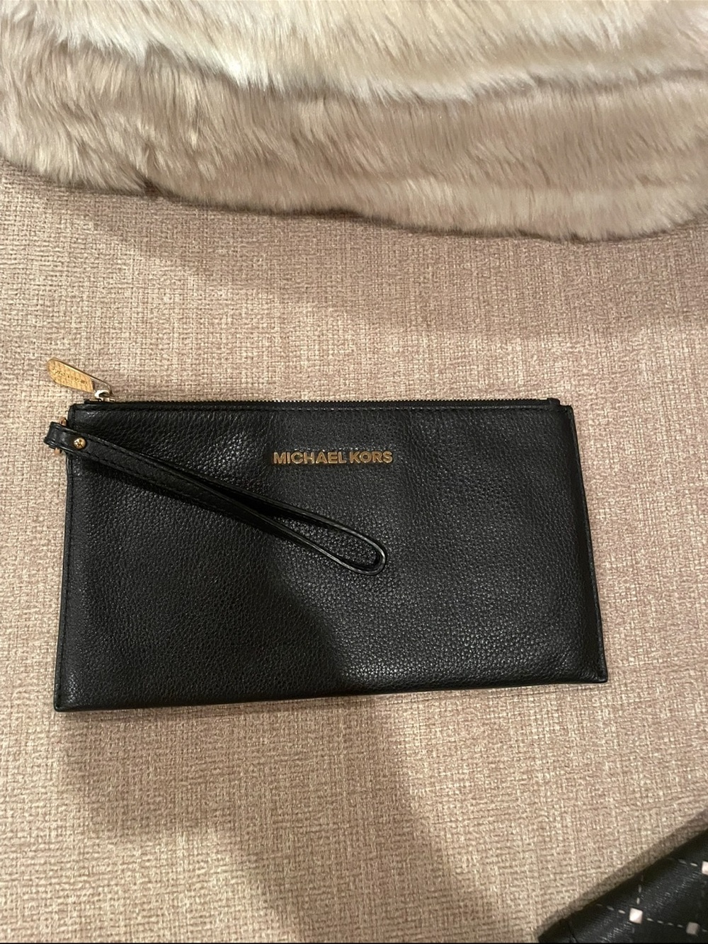 Michael Kors Black Leather Wristlet with Gold Logo